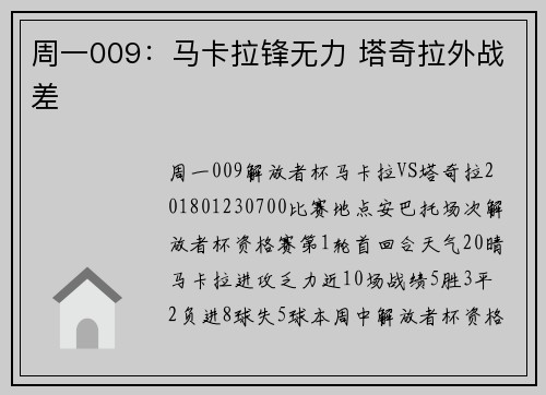 周一009：马卡拉锋无力 塔奇拉外战差